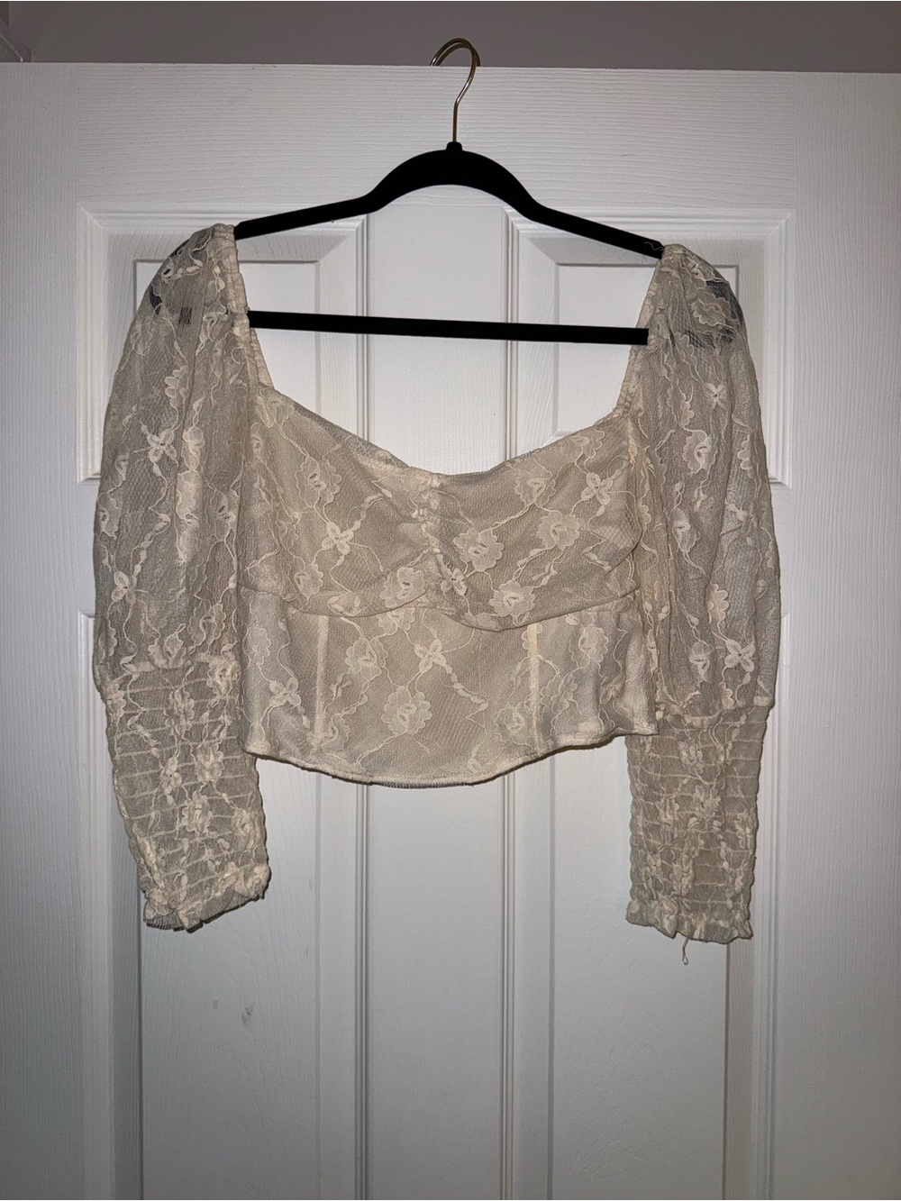 Women's Cream Lace Peasant Blouse with Puff Sleeves